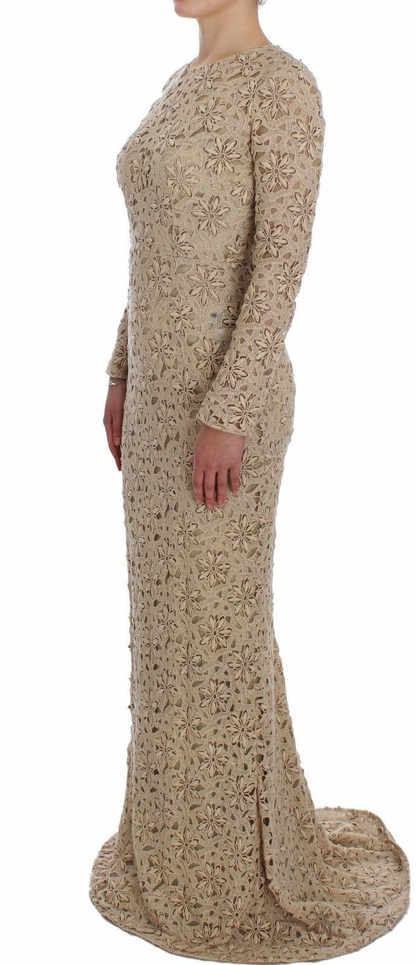 Beige Blumenspitze Langarm Maxikleid