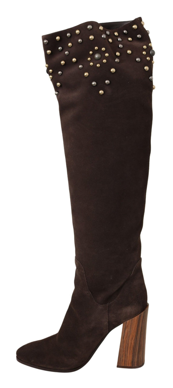 Studded Suede Knee High Boots in Brown