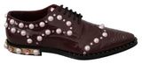 Elegant Bordeaux Lace-Up Flats with Pearls and Crystals