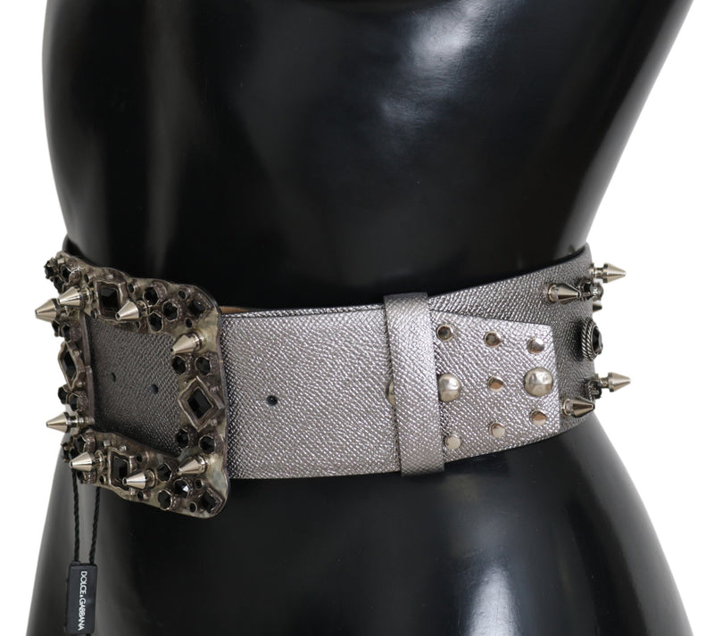 Stunning Silver Leather Crystal-Studded Belt