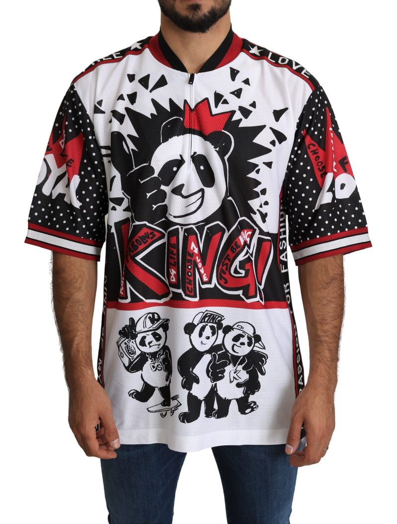 Chic White King Panda Print Print Zipper Collar Tee