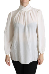 Elegante blusa de coño de seda blanca de seda