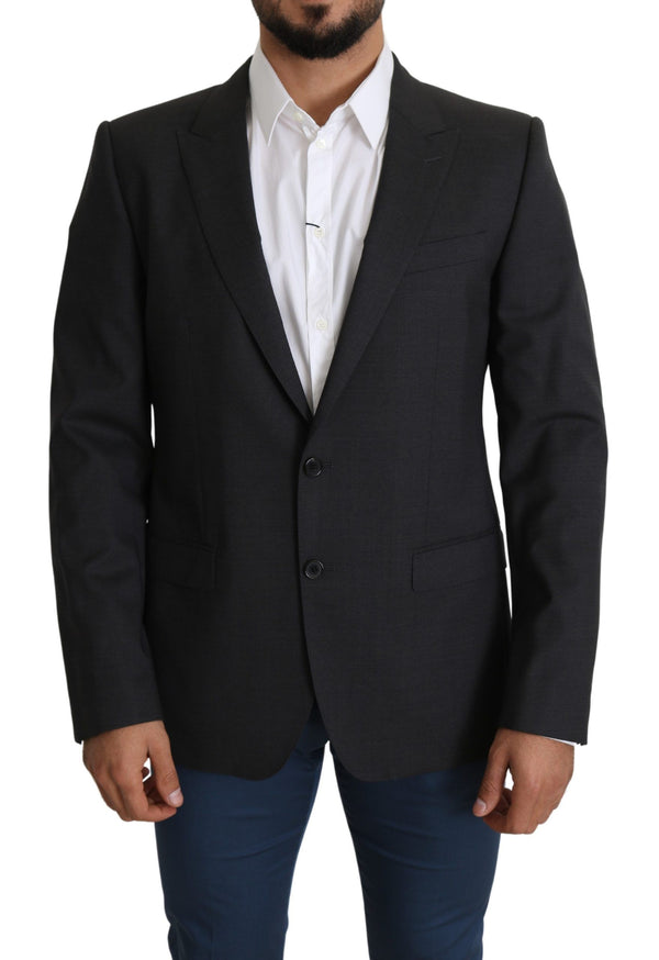 Eleganter grauer Wollseide Mischung Slim Fit Blazer