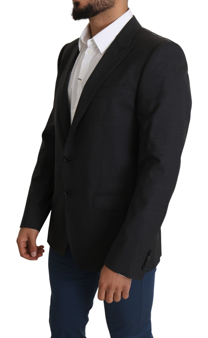 Eleganter grauer Wollseide Mischung Slim Fit Blazer