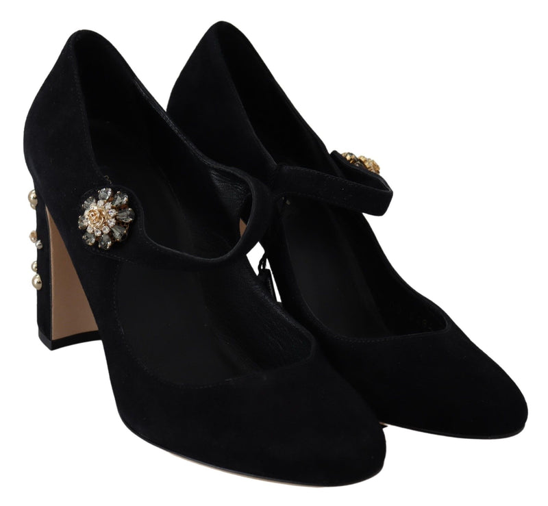 Elegantes bombas de gamuza negra Mary Janes