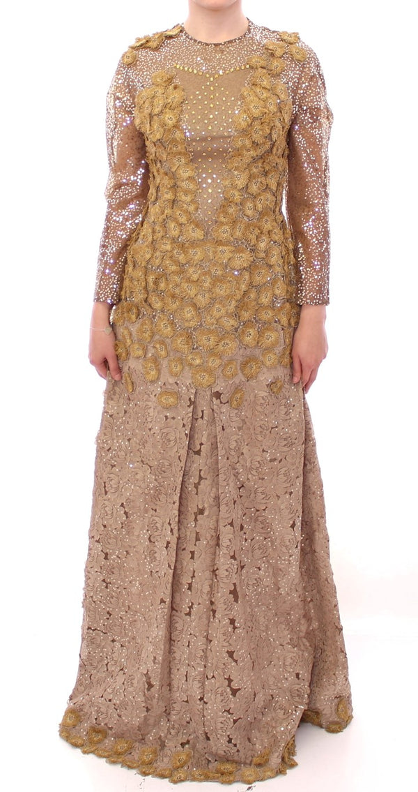 Exquisite goldene Spitzen -Maxikleid mit Kristallen