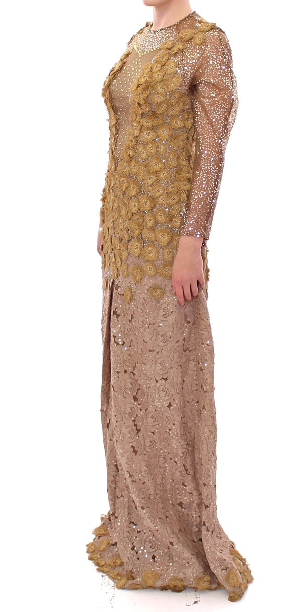 Exquisito vestido maxi de encaje dorado con cristales