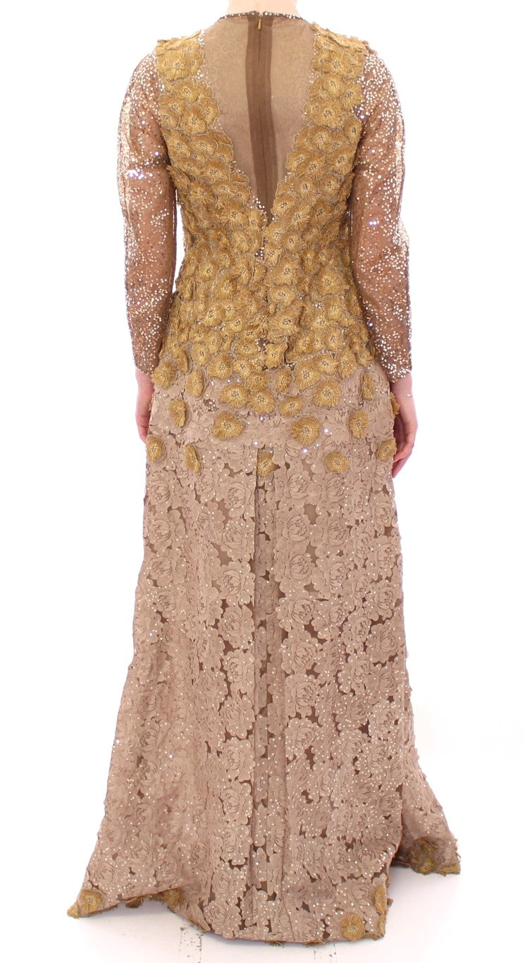 Exquisite goldene Spitzen -Maxikleid mit Kristallen