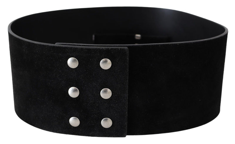 Ceinture large élégante en cuir noir avec boucle en argent