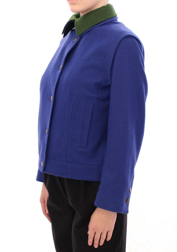 Elegante chaqueta de lana azul con collar extraíble