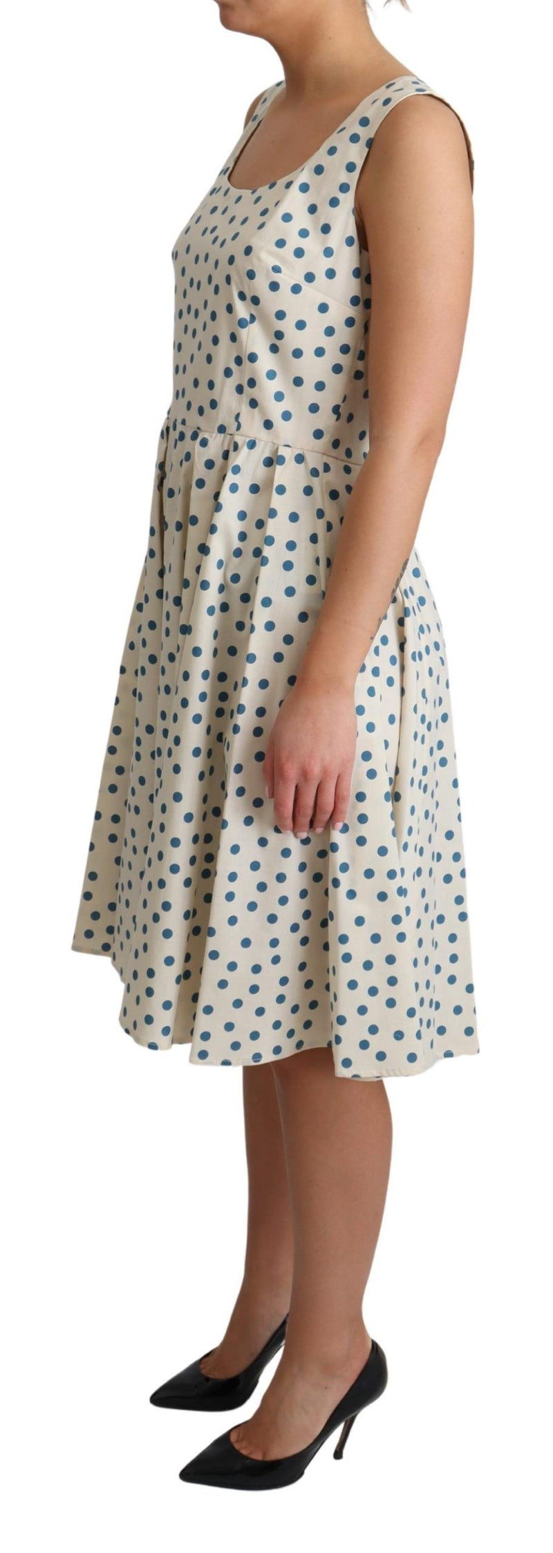 Κομψό μπεζ polka dot a-line αμάνικη φόρεμα