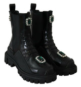 Elegante schwarze Lederkampfstiefel mit Kristalldetails