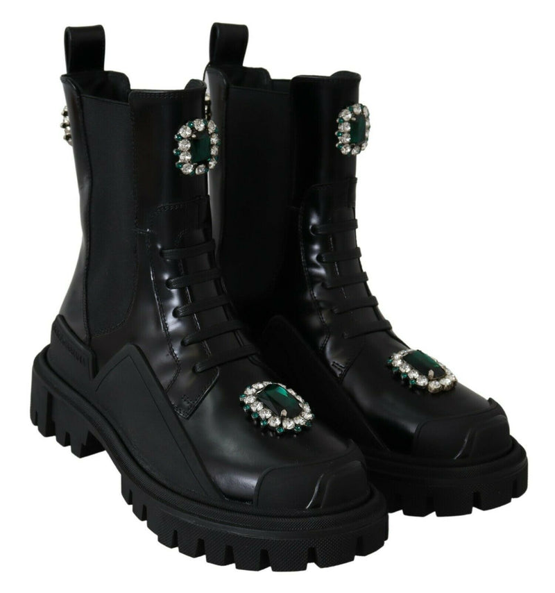 Elegantes botas de combate de cuero negro con detalle de cristal