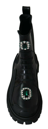 Elegante schwarze Lederkampfstiefel mit Kristalldetails