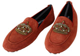 Opulent Orange Leather Loafers with Gold Embroidery