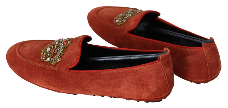 Opulent Orange Leather Loafers with Gold Embroidery