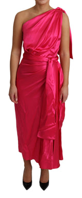 Élégant robe enveloppante à une épaule en soie fuchsia à une épaule