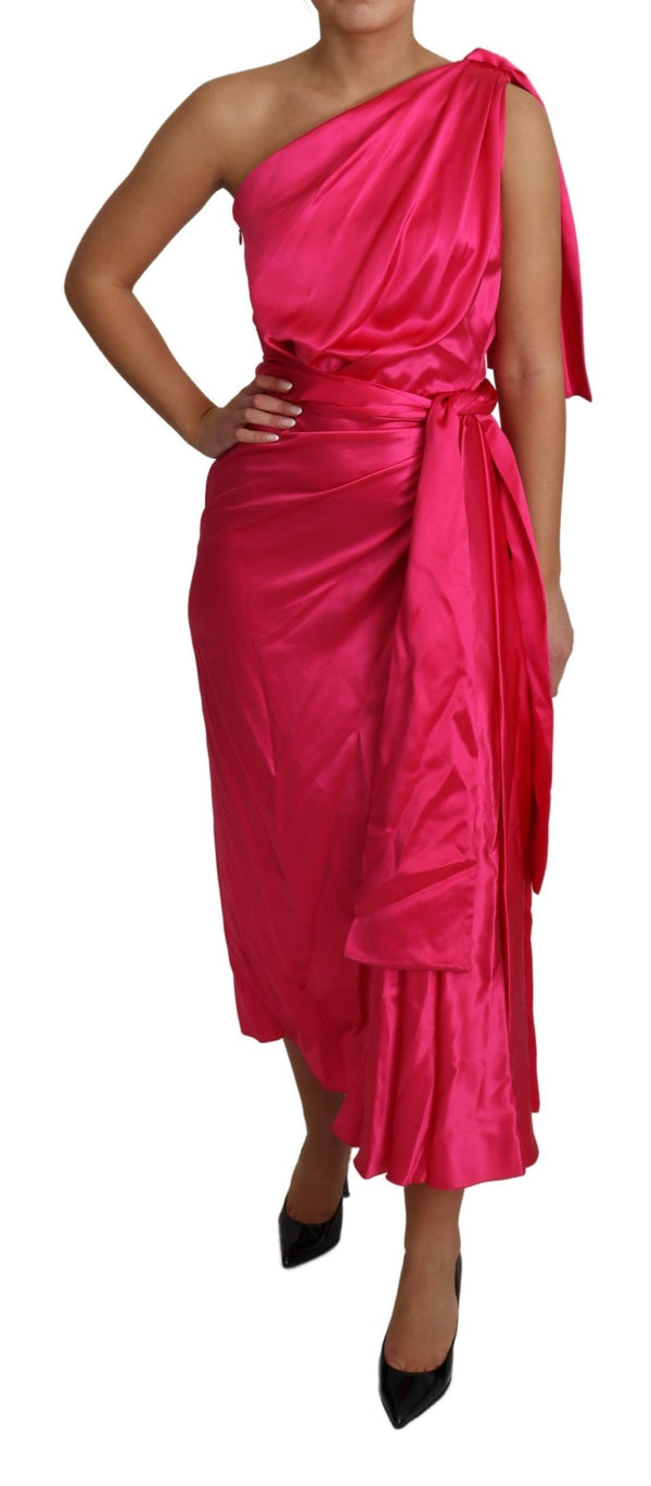 Elegante Fuchsia Seiden One-Shoulder Wrap Kleid