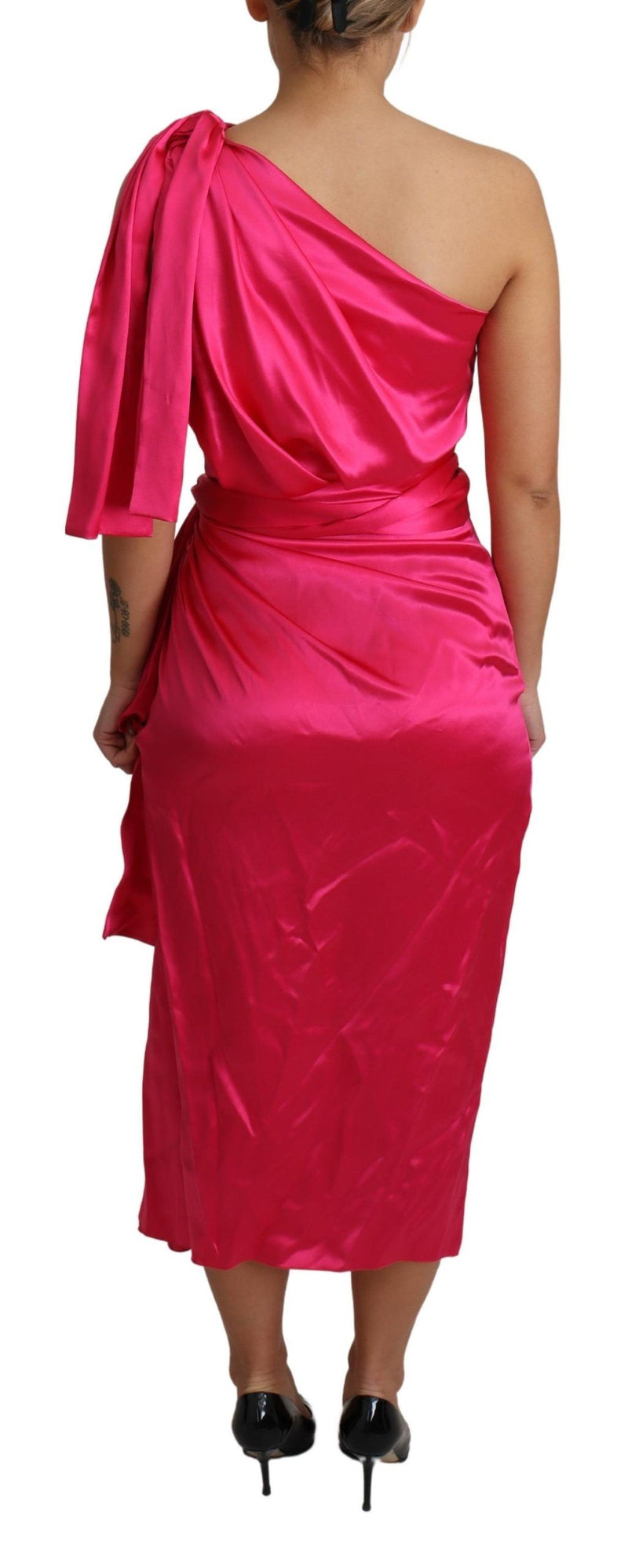 Elegante Fuchsia Seiden One-Shoulder Wrap Kleid