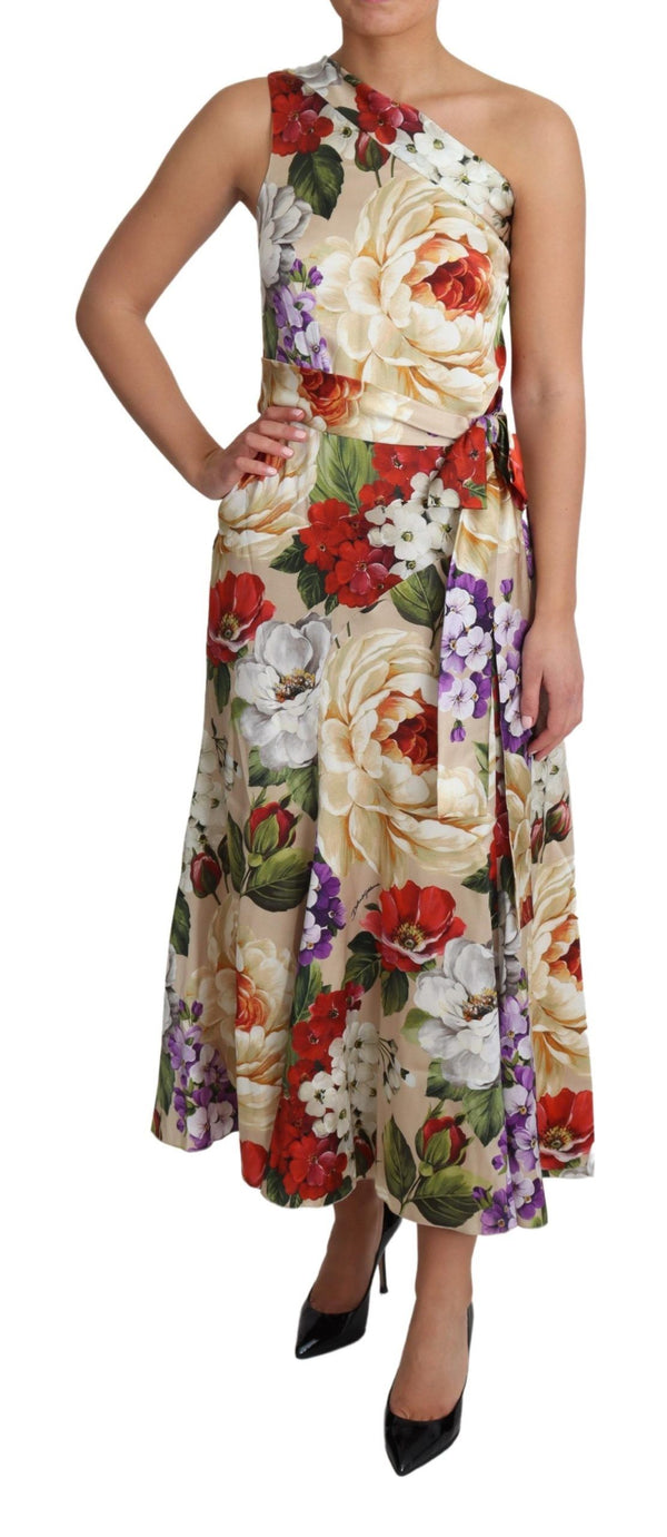 Elegantes One-Shoulder Blumen-Seide Maxikleid