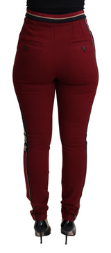 Pantalon skinny rouge brodé à taille haute