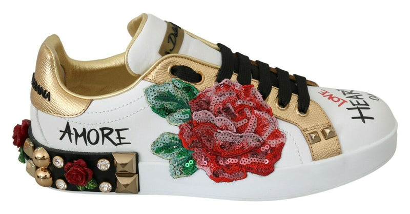 Eleganti sneaker in pelle floreale con paillettes