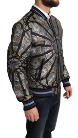 Elegant Jacquard Bomber veste en bleu