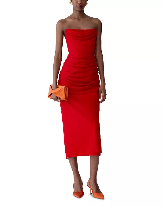 Strapless Draped Midi Silk Dress