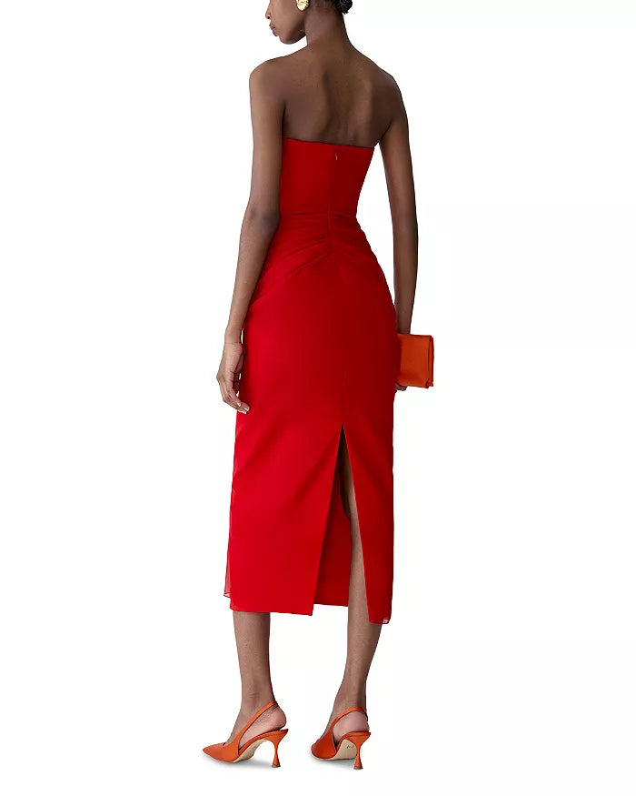 Strapless Draped Midi Silk Dress