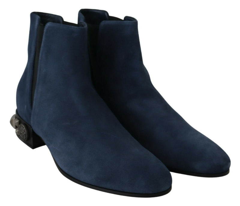 Chic Blue Suede Mid-Calf Boots avec Détails Stud