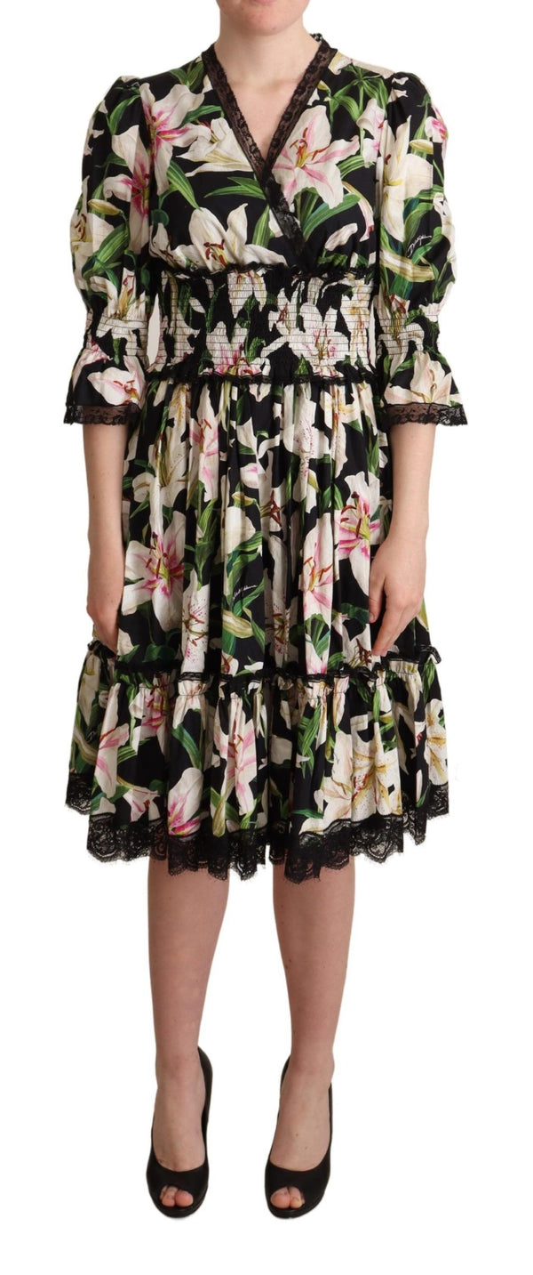 Elegantes Lily Print Midi -Kleid mit Spitzenverkleidung