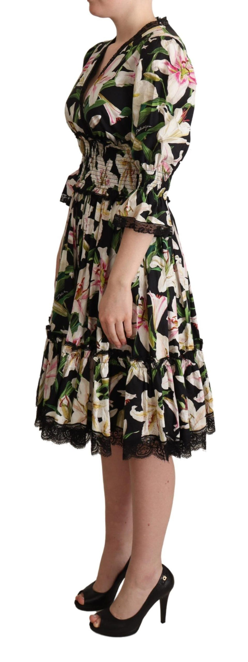 Elegantes Lily Print Midi -Kleid mit Spitzenverkleidung