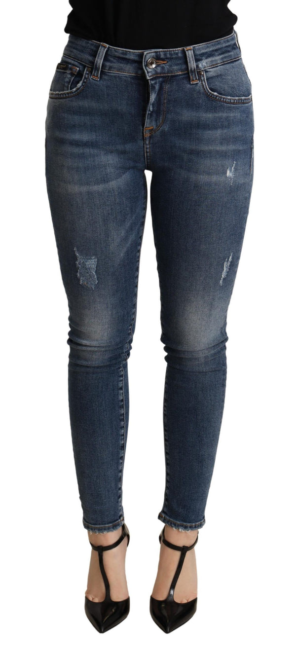 Elegante mittlere Taille dünne blaue Jeans