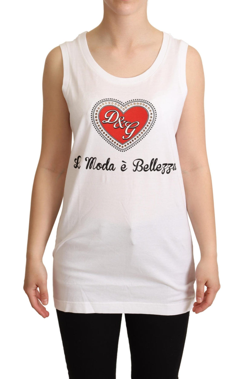 Crystal Embellished Heart White Sleeveless Tee