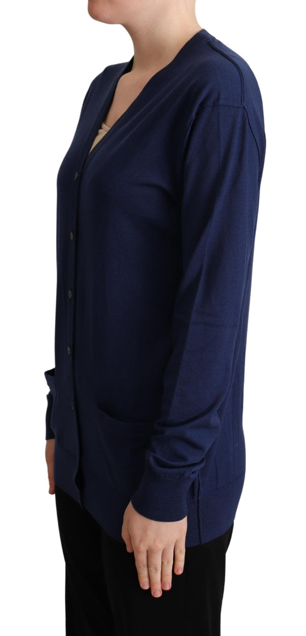 Elegante cardigan blu di lana vergine