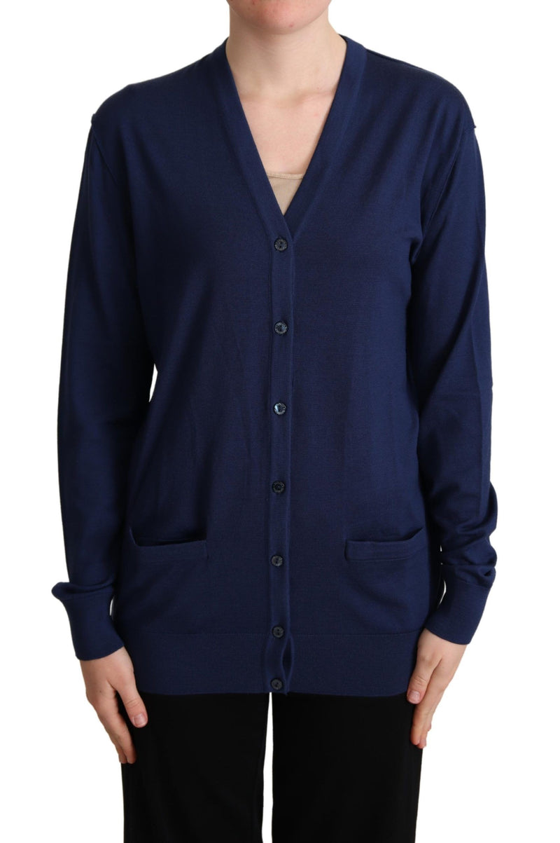 Elegante cardigan blu di lana vergine