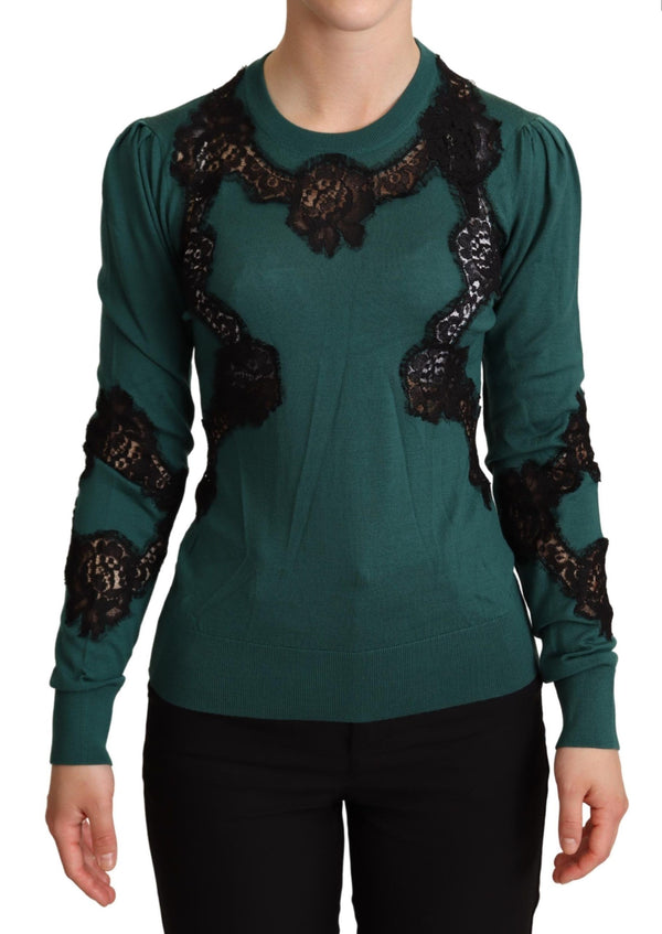 Elegante pullover verde con dettaglio in pizzo nero