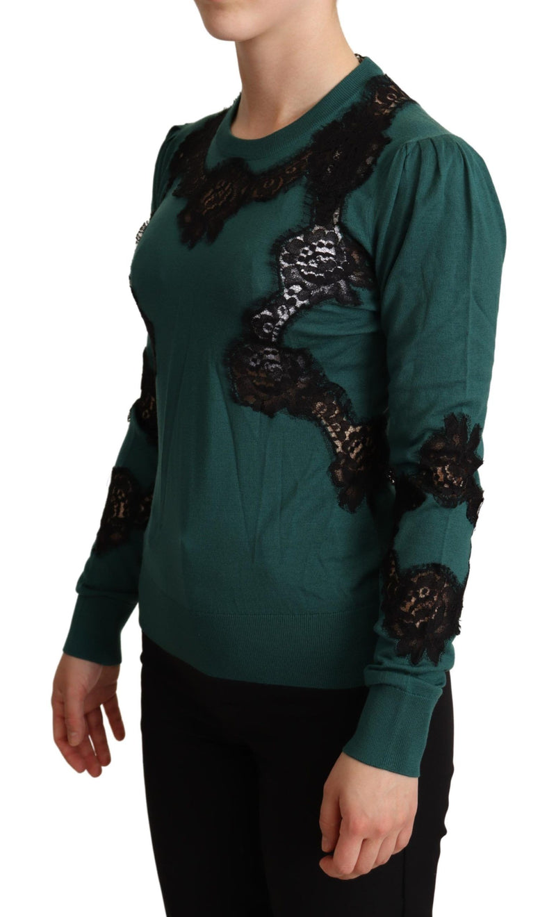 Elegante pullover verde con dettaglio in pizzo nero