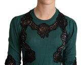 Elegante pullover verde con dettaglio in pizzo nero