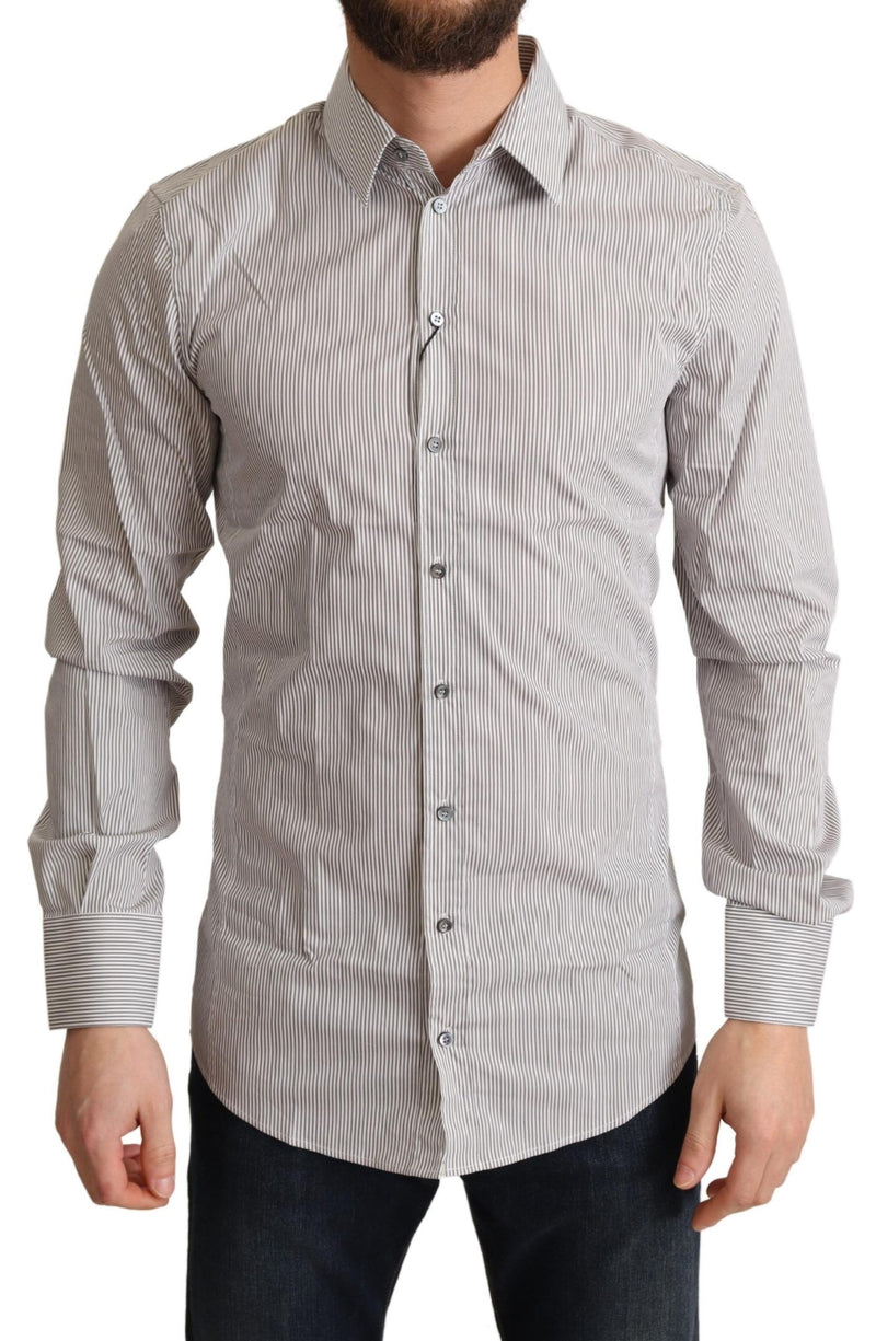 Elegant Grey Grey Striped Slim Fit Dress Shirt