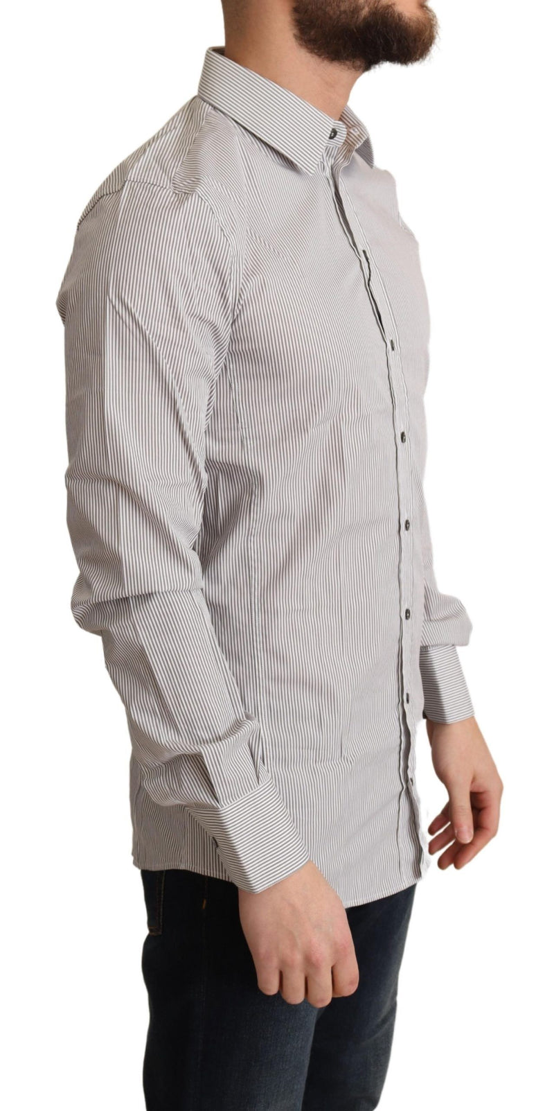 Elegant Grey Grey Striped Slim Fit Dress Shirt