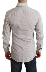 Elegant Grey Grey Striped Slim Fit Dress Shirt