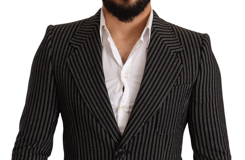 Elegant Black Striped Virgin Wool Blazer