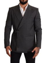 Chic Grey Check Martini Slim Fit Double Breasted Blazer