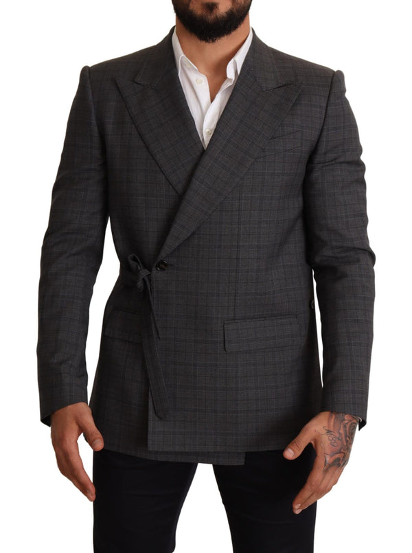 Chic Grey Check Martini Slim Fit Double Breasted Blazer