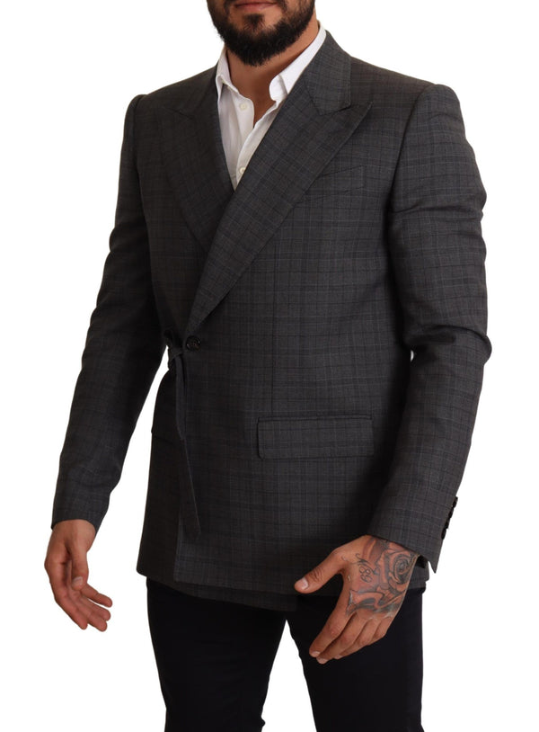 Chic Grey Check Martini Slim Fit Double Breasted Blazer