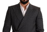 Chic Grey Check Martini Slim Fit Double Breasted Blazer