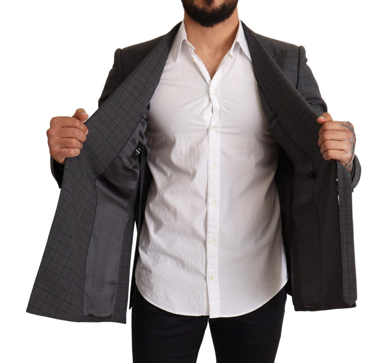 Chic Grey Check Martini Slim Fit Double Breasted Blazer