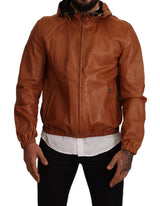 Elegant Brown Leather Bomber Jacket