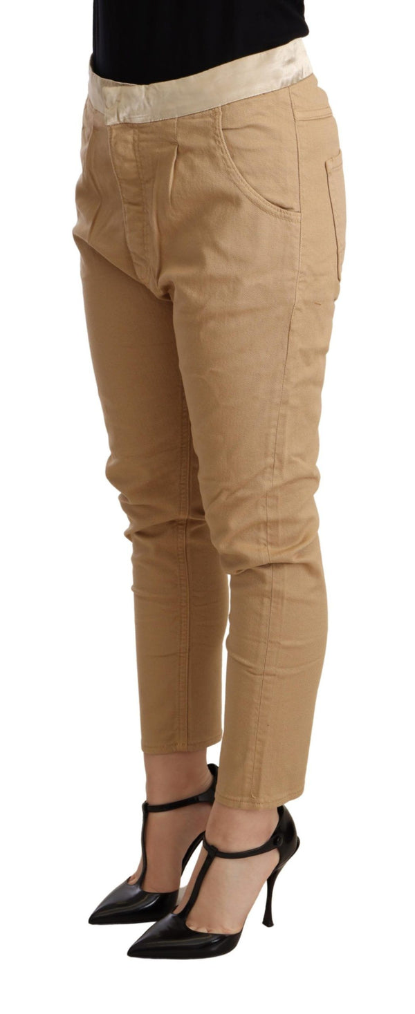 Pantaloni magri beige a metà vita slim fit